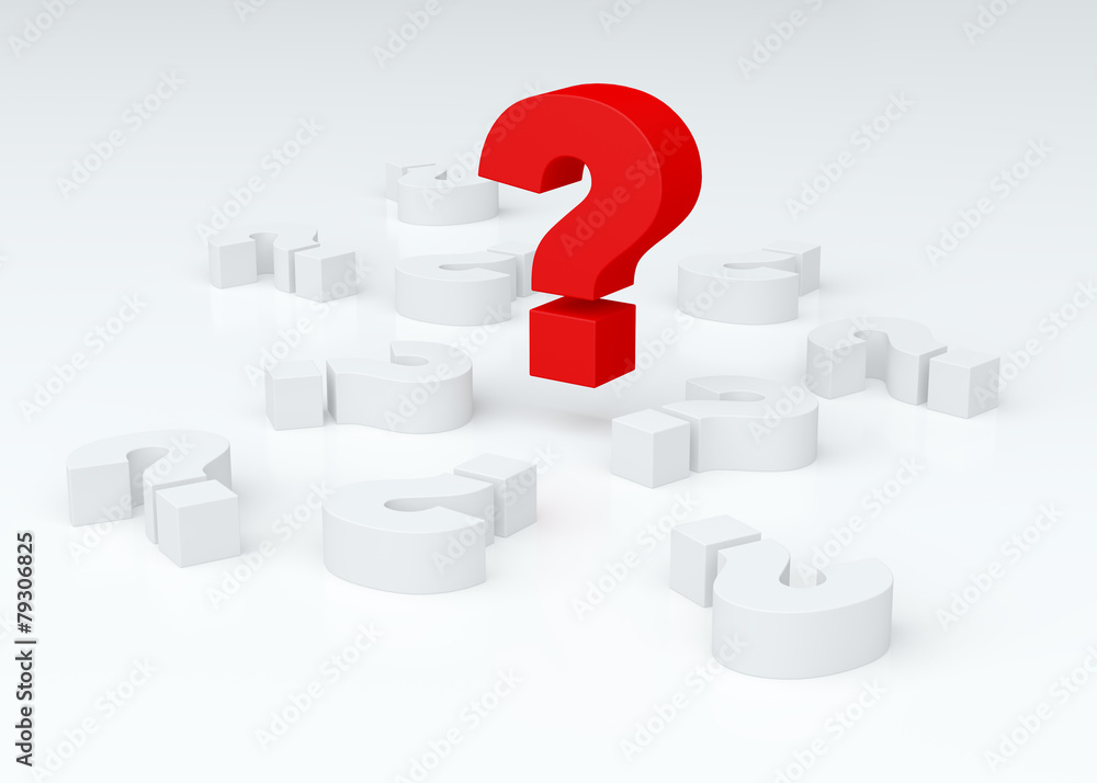 Big red question mark over lying white marks (3D render) Big red question mark over lying white marks (3D render)