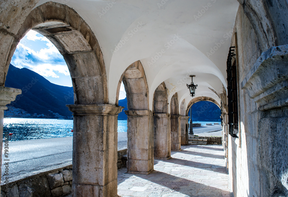 Museum`s archway in the old town Perast