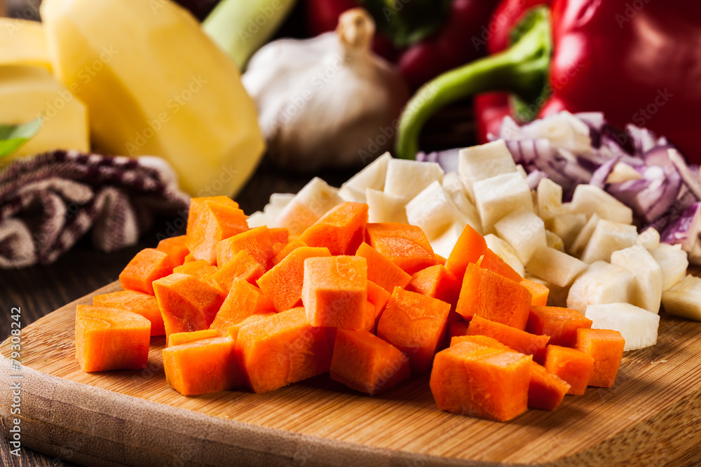 Chopped vegetables: carrots, parsley and onion Chopped vegetables: carrots, parsley and onion
