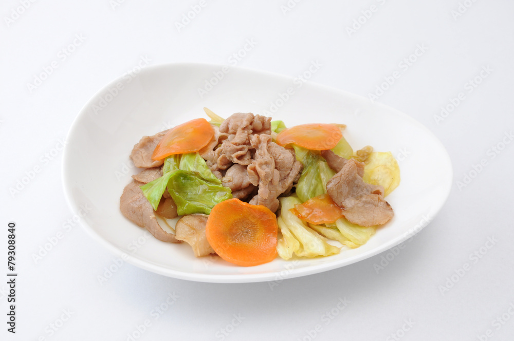 お皿にもった 肉野菜炒め おかず 白背景 お皿にもった 肉野菜炒め おかず 白背景