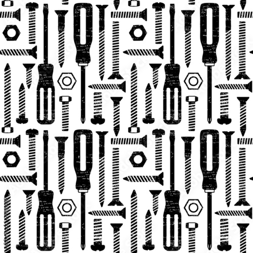 Scratched seamless pattern with screws and screwdrivers 1
