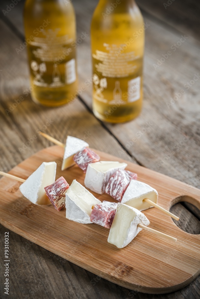 Camembert and salami skewers Camembert and salami skewers