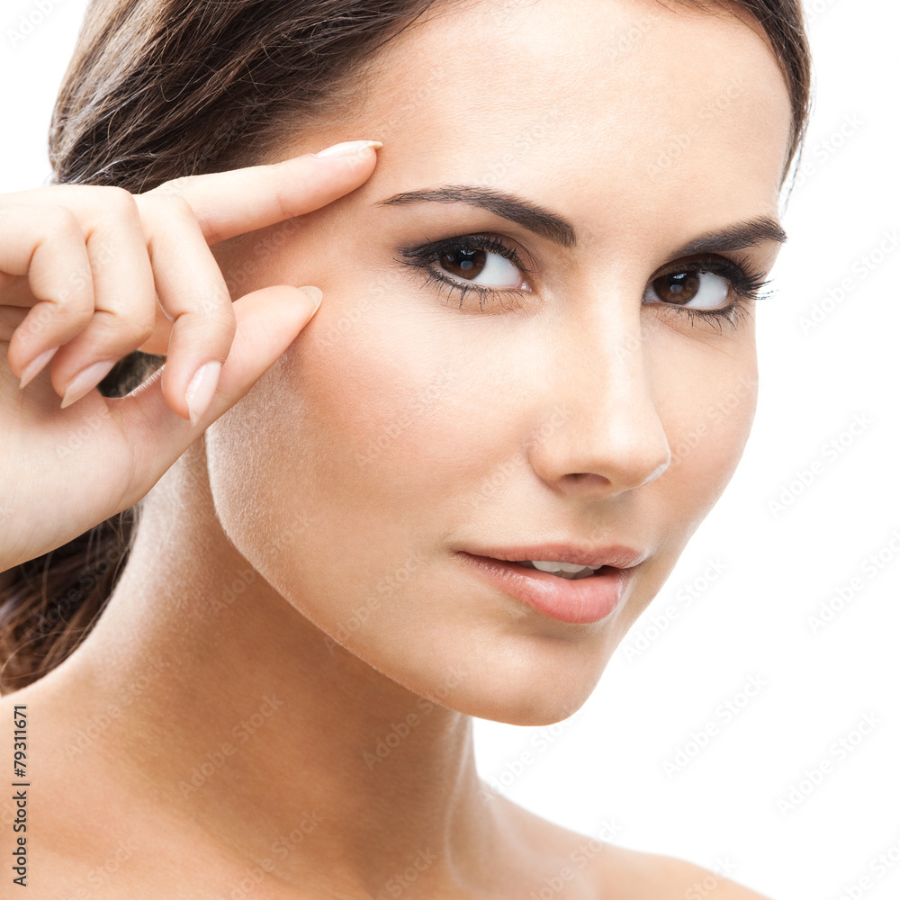 Woman touching skin or applying cream, over white Woman touching skin or applying cream, over white