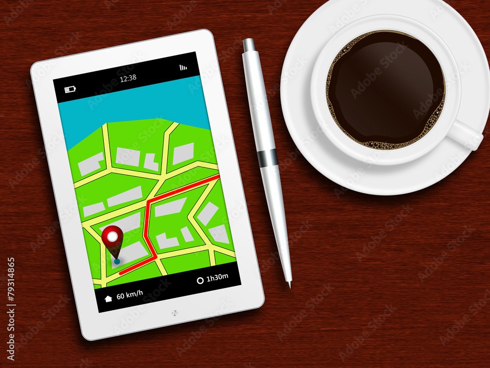 tablet with gps navigation application, coffee and pencil lying tablet with gps navigation application, coffee and pencil lying