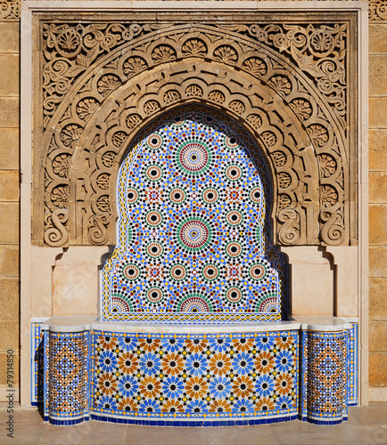Morocco. Decorated fountain with mosaic tiles in Rabat