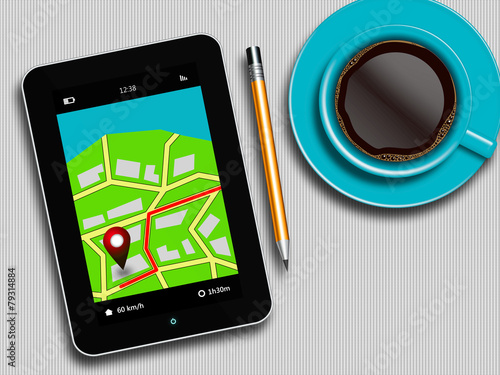 tablet with gps navigation application, coffee and pencil lying