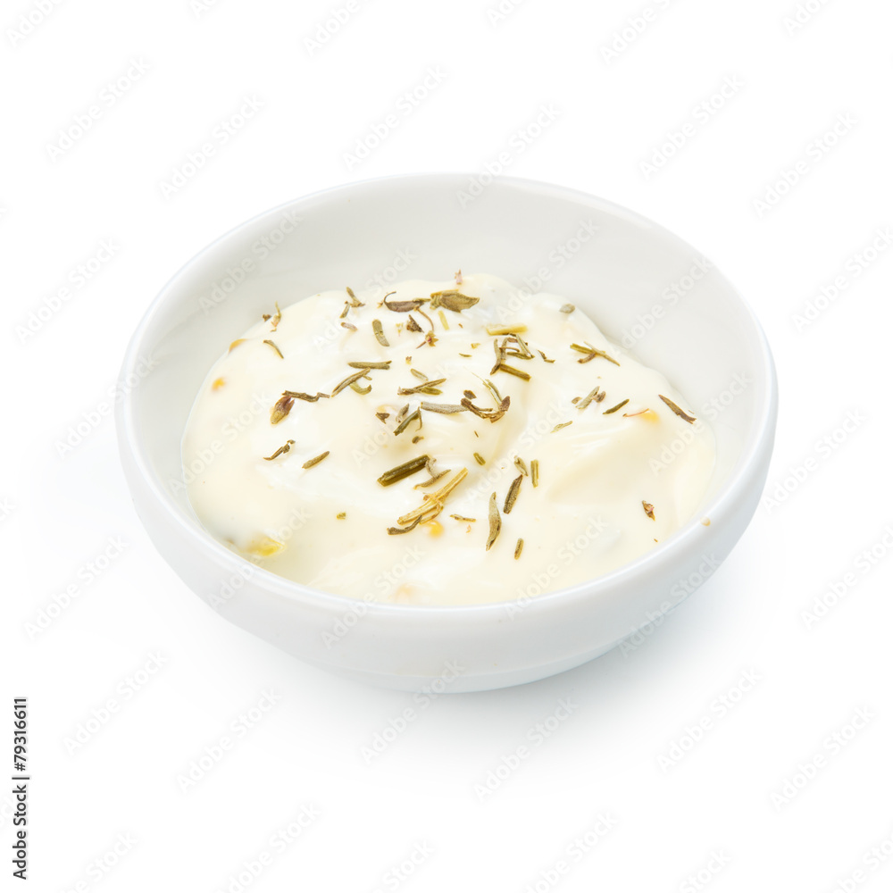 Closeup of mayonnaise sauce in white bowl Closeup of mayonnaise sauce in white bowl