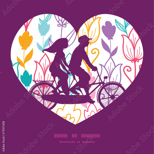 Vector colorful tulip flowers couple on tandem bicycle heart