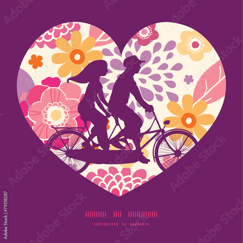 Vector warm summer plants couple on tandem bicycle heart