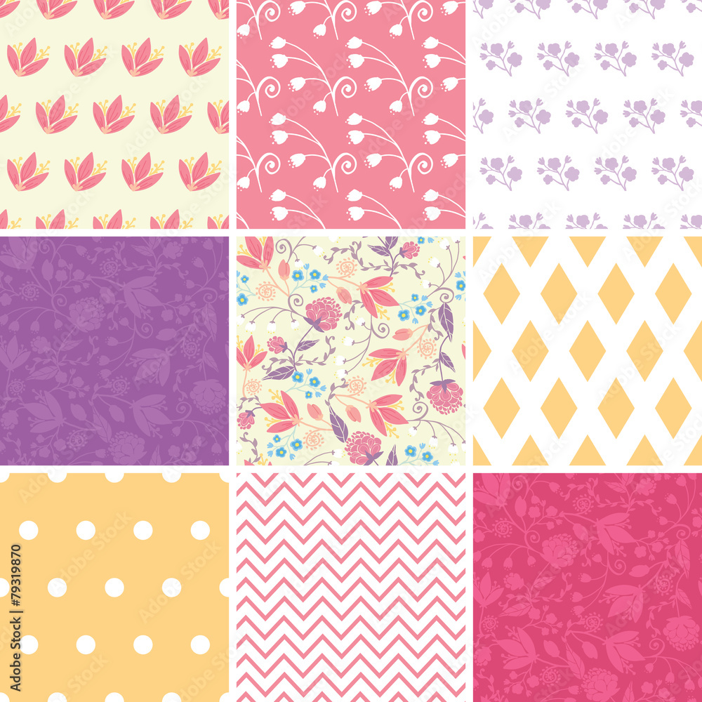 Vector Fresh Field Flowers and Leaves Set of Nine Matching