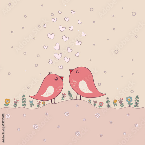 love theme card with cute birds in flower scene. vector illustra