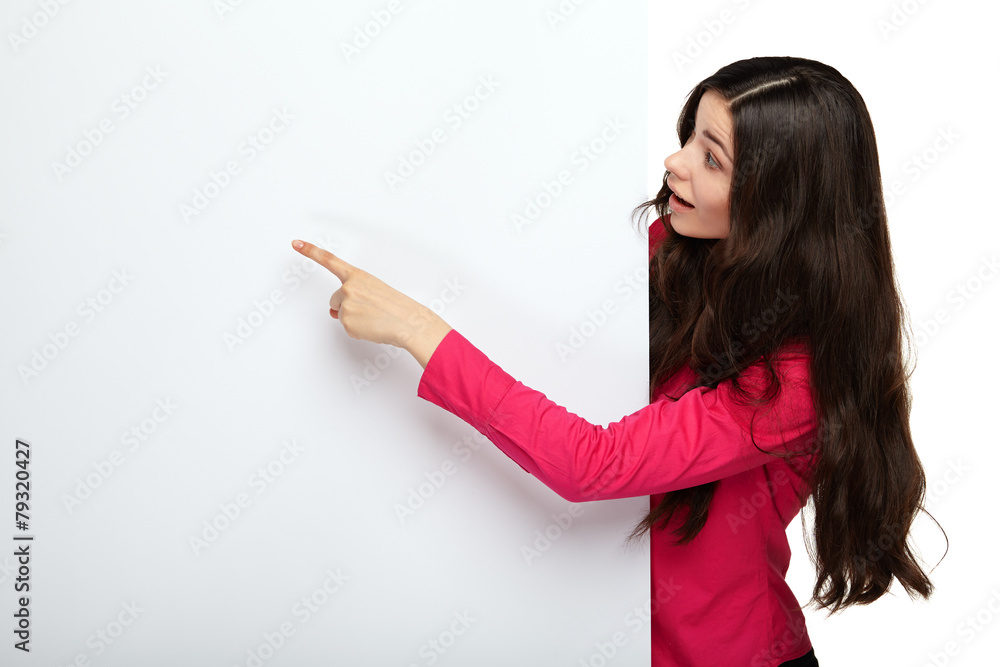 Happy beautiful young woman showing blank Happy beautiful young woman showing blank