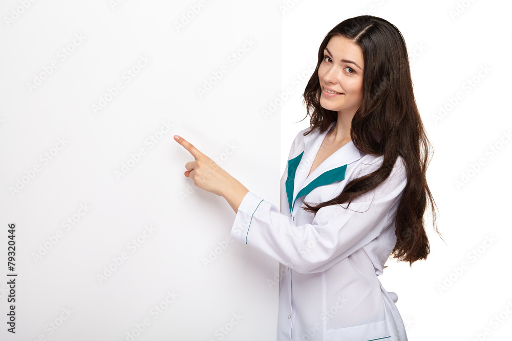medical doctor woman smile hold blank card board medical doctor woman smile hold blank card board