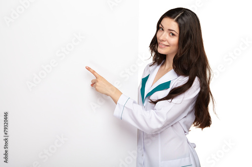 medical doctor woman smile hold blank card board