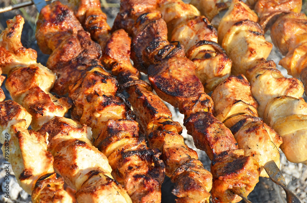 Shish kebab on skewers and hot coals Shish kebab on skewers and hot coals
