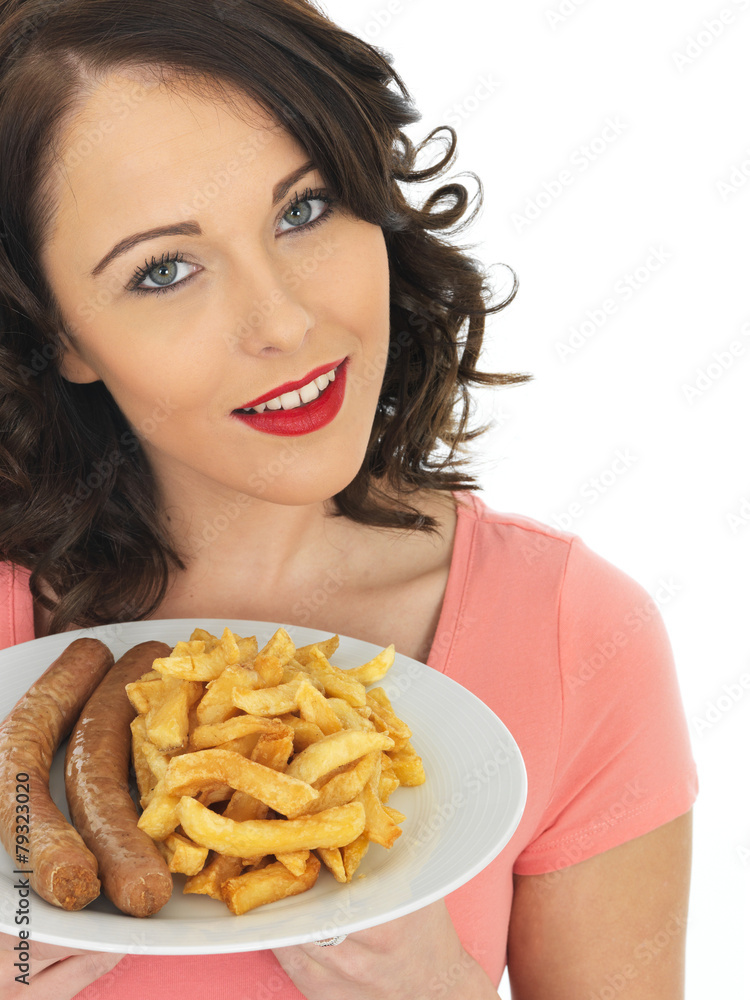 Young Woman Eating Jumbo Sausage and Chips