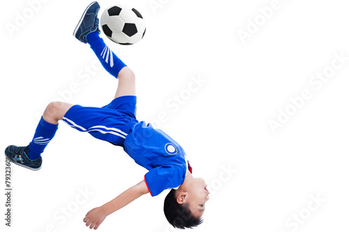 Youth soccer player kicking the ball