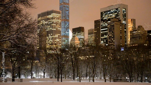 Manhattan skyline at night after snowstorm