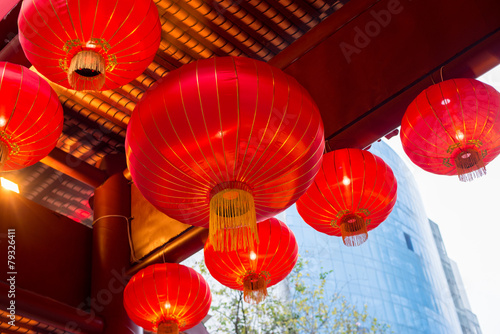 red Chinese lantern hanging on the roof
