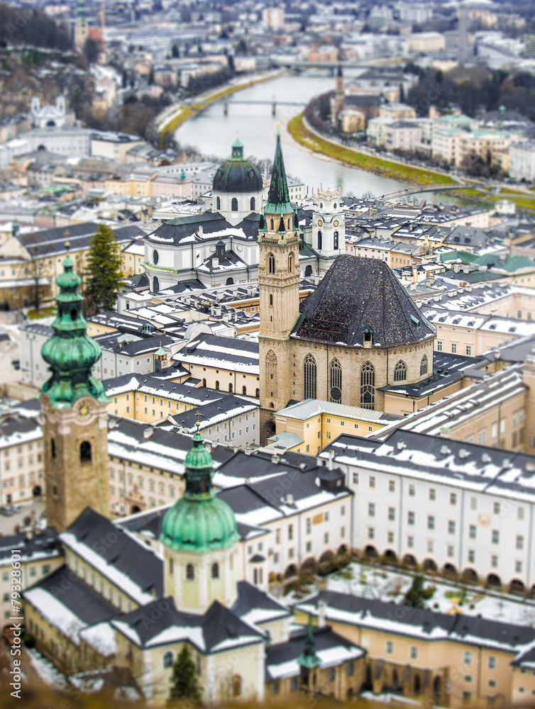 Beautiful aerial shot on tilt shift lens of Salzburg, Austria