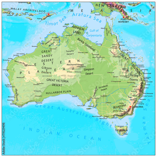 Australia physical continent map