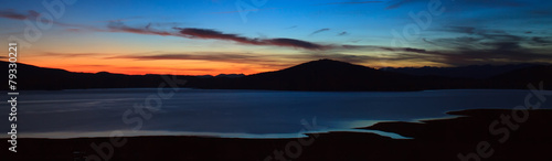 twilight panorama from high mountain lake, abstract nature background 