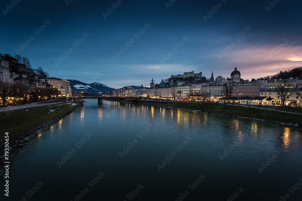view from bridge on sunset over Salzburg, Austria
