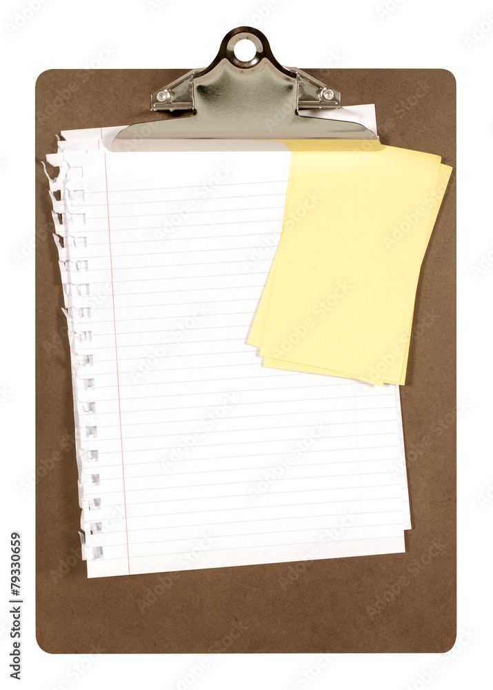 Clipboard or clip board with notepaper and yellow post it note isolated on white background photo Clipboard or clip board with notepaper and yellow post it note isolated on white background photo