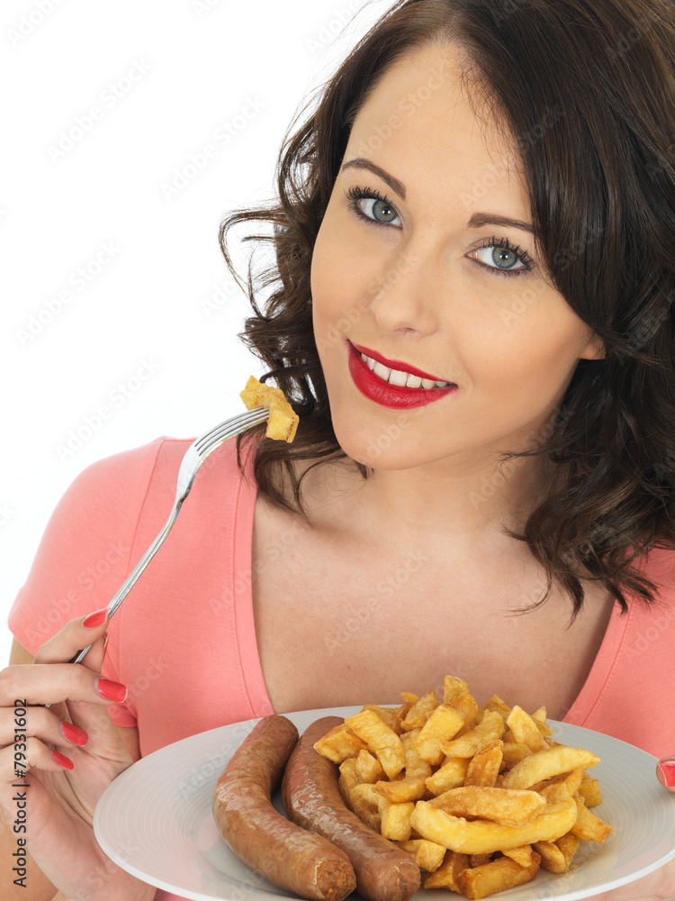 Young Woman Eating Jumbo Sausage and Chips Young Woman Eating Jumbo Sausage and Chips