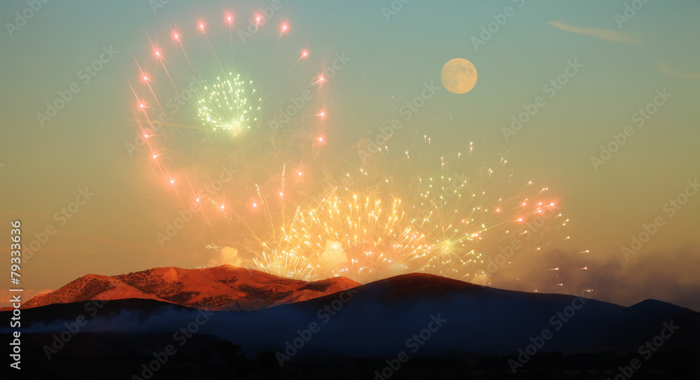 fireworks and moon