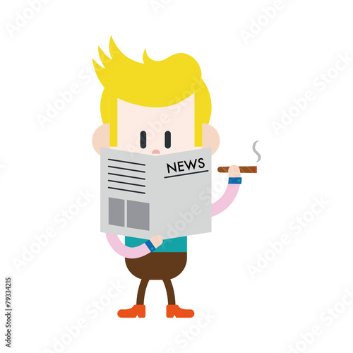 Character illustration design. Businessman reading news and smok