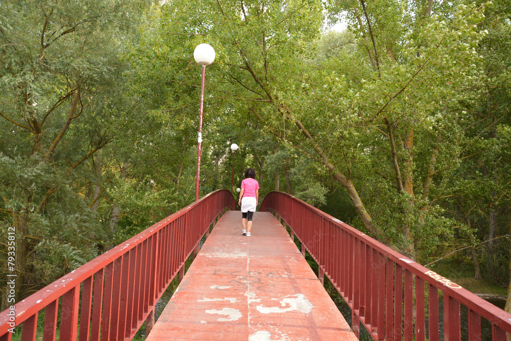 mujer cruzando un puente caminando Stock Photo | Adobe Stock