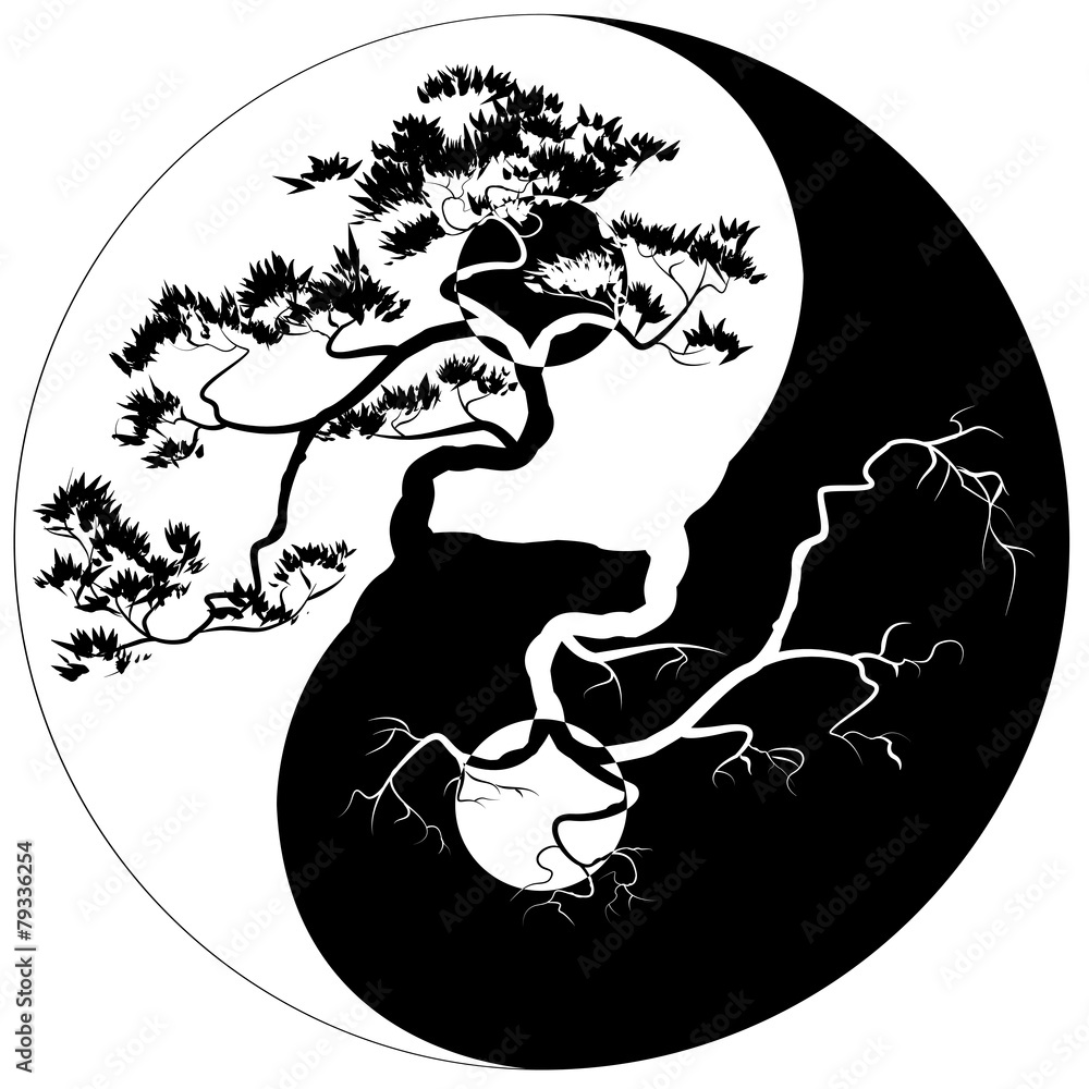 Fotografie, Obraz Black and white Bonsai tree on the Yin Yang symbol |  Posters.cz