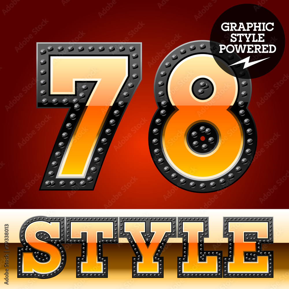 Fototapeta premium Industrial style orange font with rivet border. Numbers 7 8
