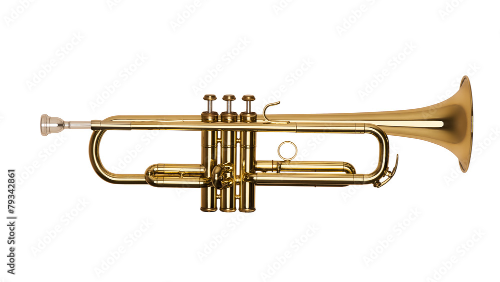 Naklejka premium golden brass trumpet in soft light isolated on white background