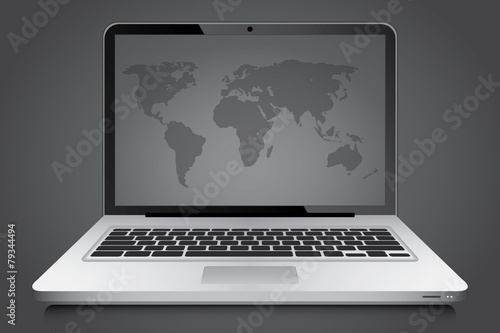 Laptop with world map in screen over grey background