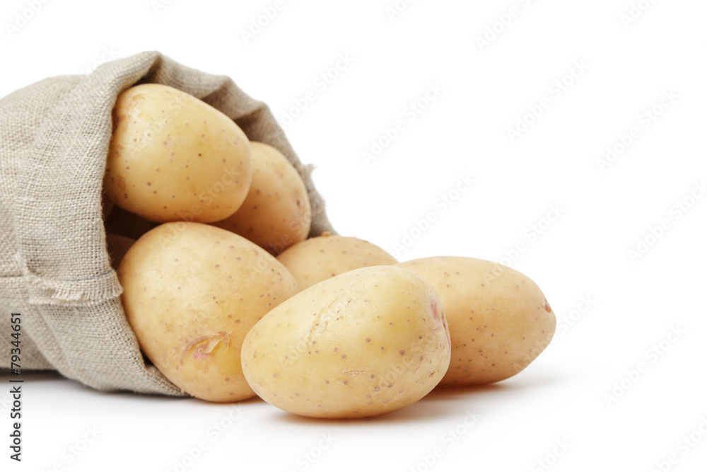 raw fresh potatoes in burlap bag white copy space