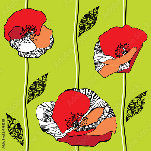 Fototapeta Naklejka Na Ścianę i Meble -  seamless pattern with red poppies on a light green background