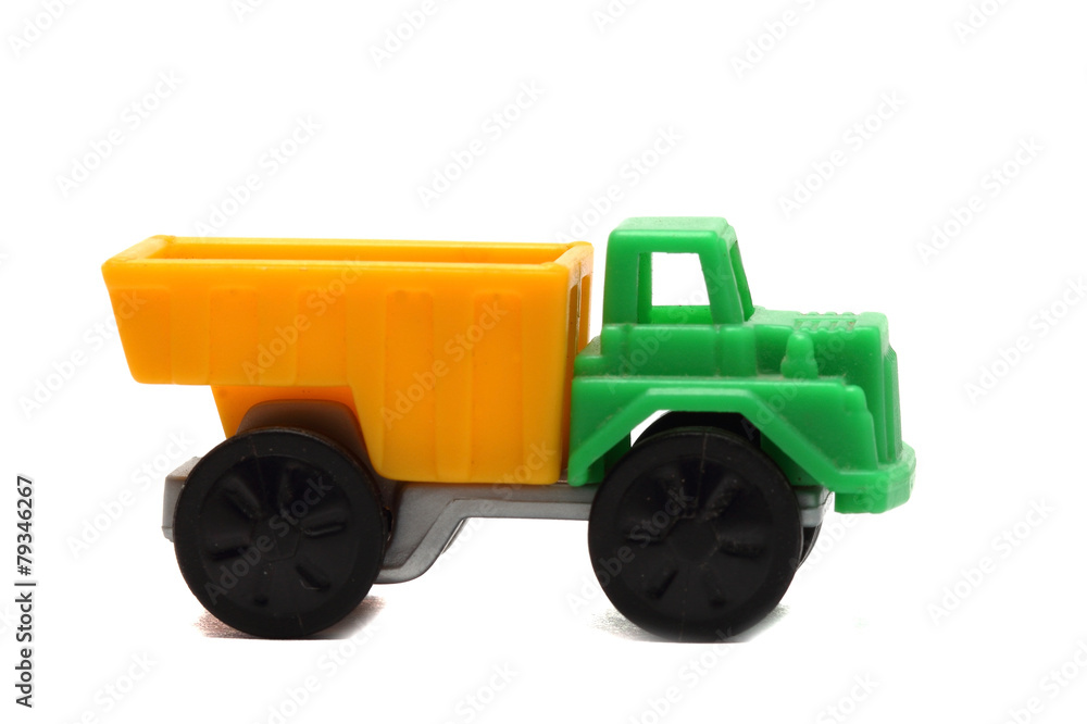 colorful toy truck on a white background close up colorful toy truck on a white background close up