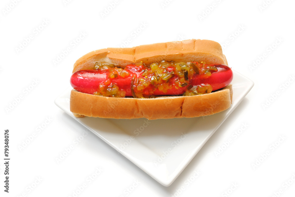 A Red Hot Dog Served with Relish on a Plate A Red Hot Dog Served with Relish on a Plate