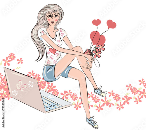 Fashion girl with laptop and flowers