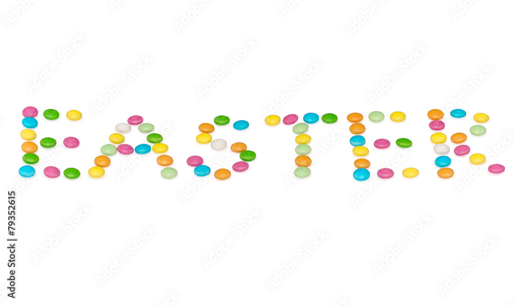 happy letters easter, colored candys isolated on white happy letters easter, colored candys isolated on white