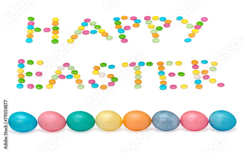 happy easter image wiht eight eggs and candys pastel colored