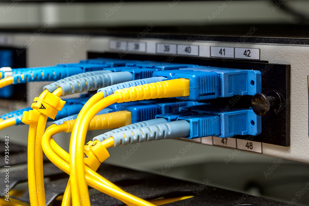 Fiber Optic on network core switch close up Fiber Optic on network core switch close up