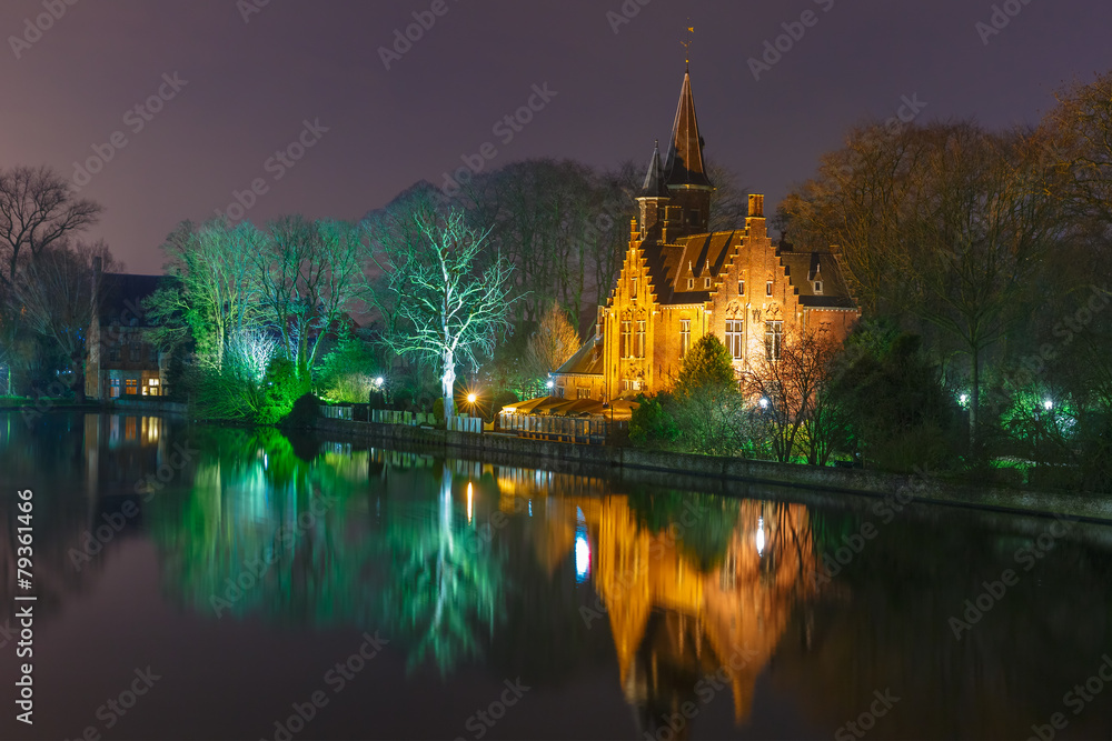 Fairytale night landscape at Lake Minnewater in Bruges, Belgium