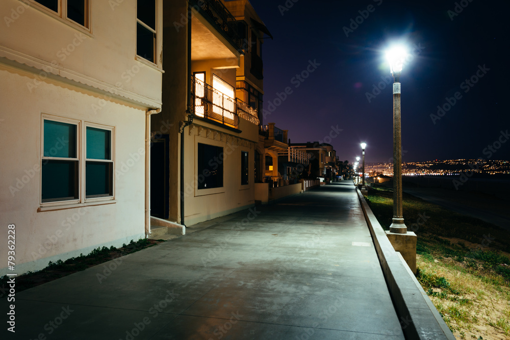 Houses along The Strand at night, in Manhattan Beach, California