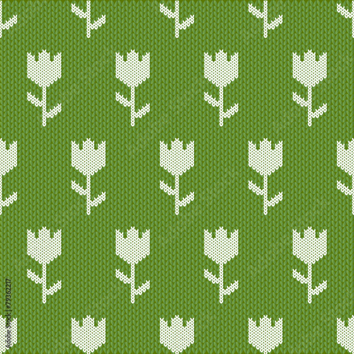 Seamless pattern of white knitted tulips
