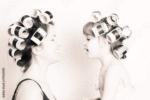 mother-daughter girlfriends, high key black and white image