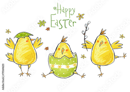 Photography Happy easter greeting card. Cute chicken with text .