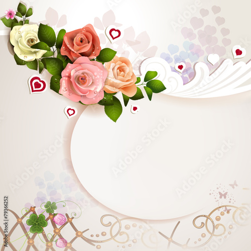 Valentine's day card with roses, hearts